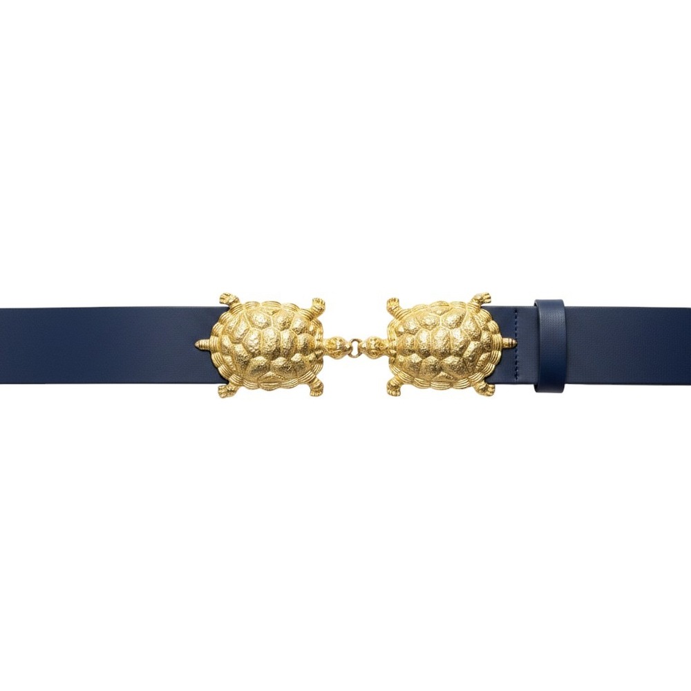 Vintage Mimi di N Navy Blue Leather Belt Gold Double Turtle Buckle Statement